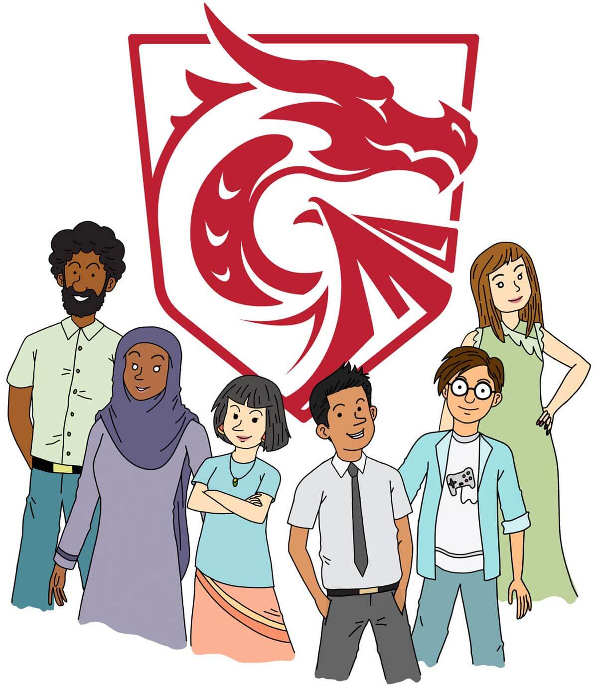 Seis estudiantes reunidos alrededor del logo de DigiPen.