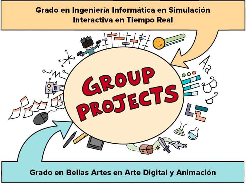 Un cómic centrado en la importancia de los proyectos grupales dentro de los dos programas de grado, incluyendo el Grado en Bellas Artes en Arte Digital y Animación y el Grado en Ingeniería Informática en Simulación Interactiva en Tiempo Real.