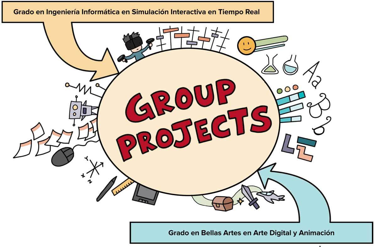 Un cómic centrado en la importancia de los proyectos grupales dentro de los dos programas de grado, incluyendo el Grado en Bellas Artes en Arte Digital y Animación y el Grado en Ingeniería Informática en Simulación Interactiva en Tiempo Real.