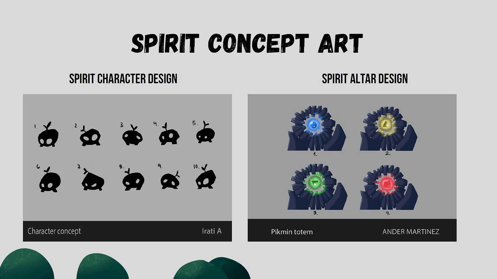 Spirit character and altar design concept art from the second-year game Zima Polaris, showcasing creative and mystical elements.