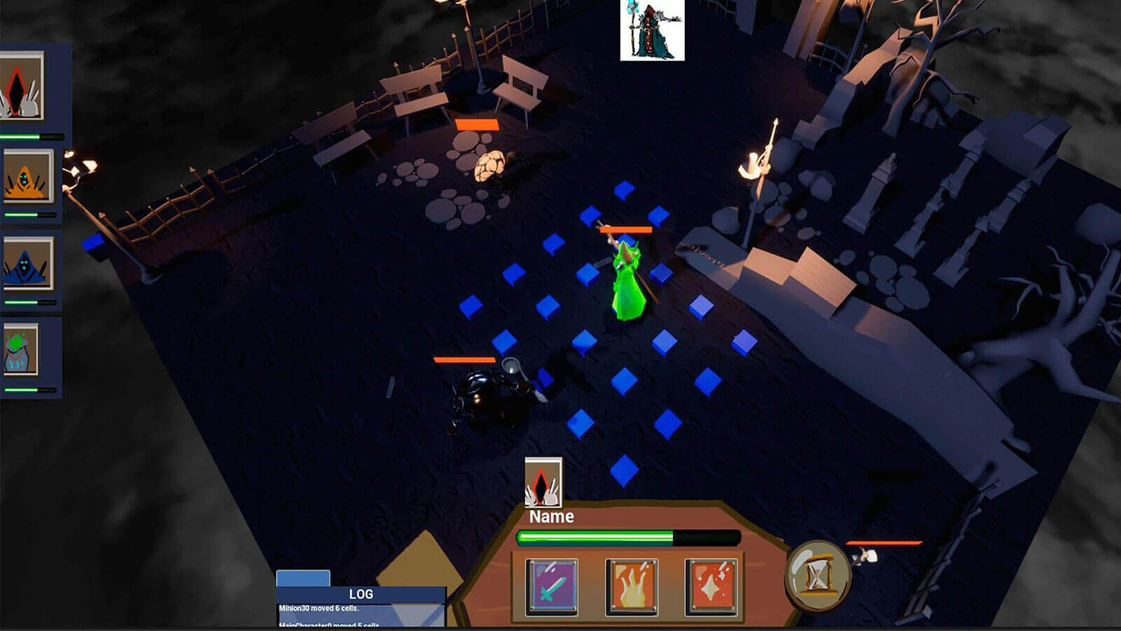 In-game screenshot of the current state of the fourth-year project Strategy Game, featuring a monk in a turn-based strategy setting, providing a glimpse into the game's strategic depth.