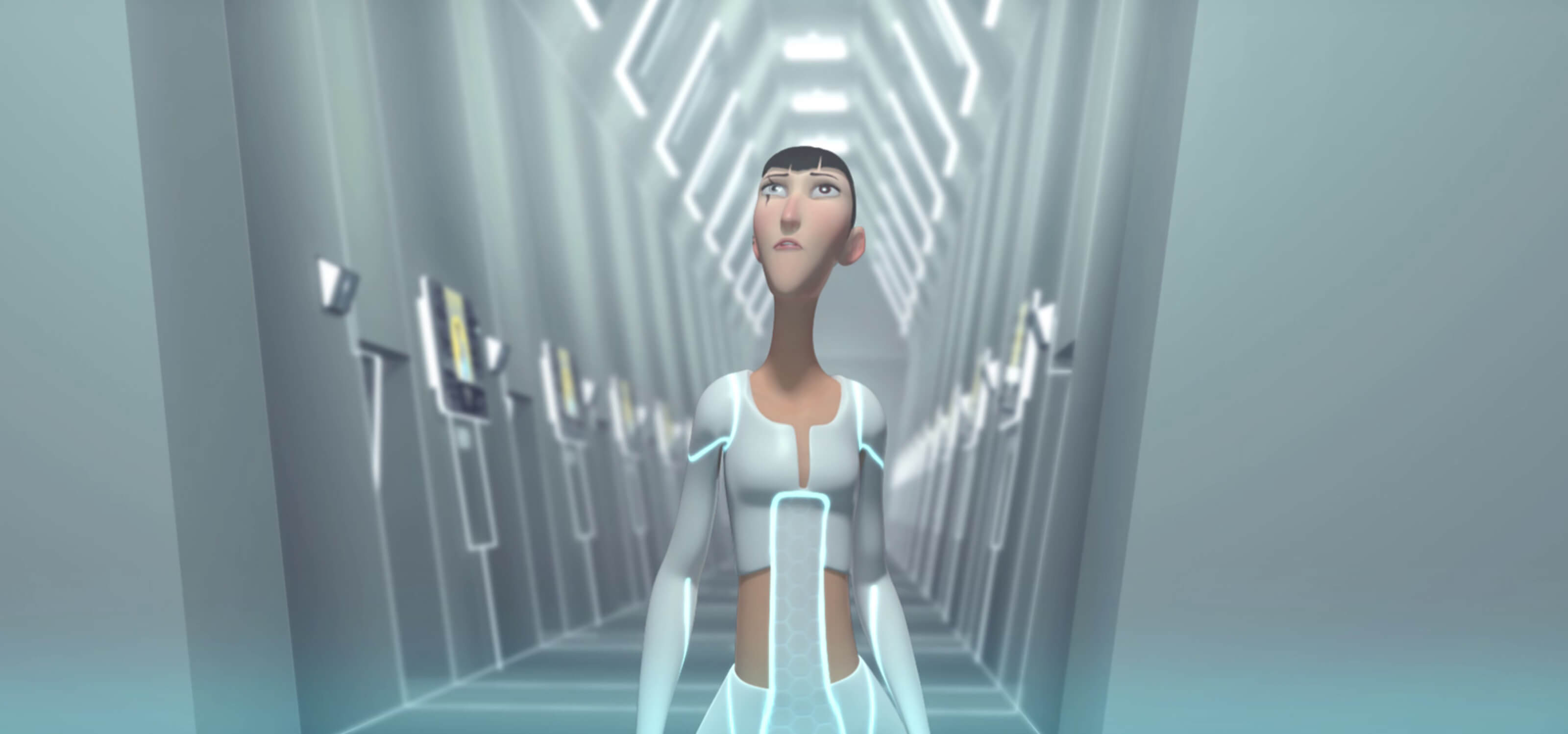 Screenshot from DigiPen Europe-Bilbao student animation REA of the main character walking down a futuristic hallway